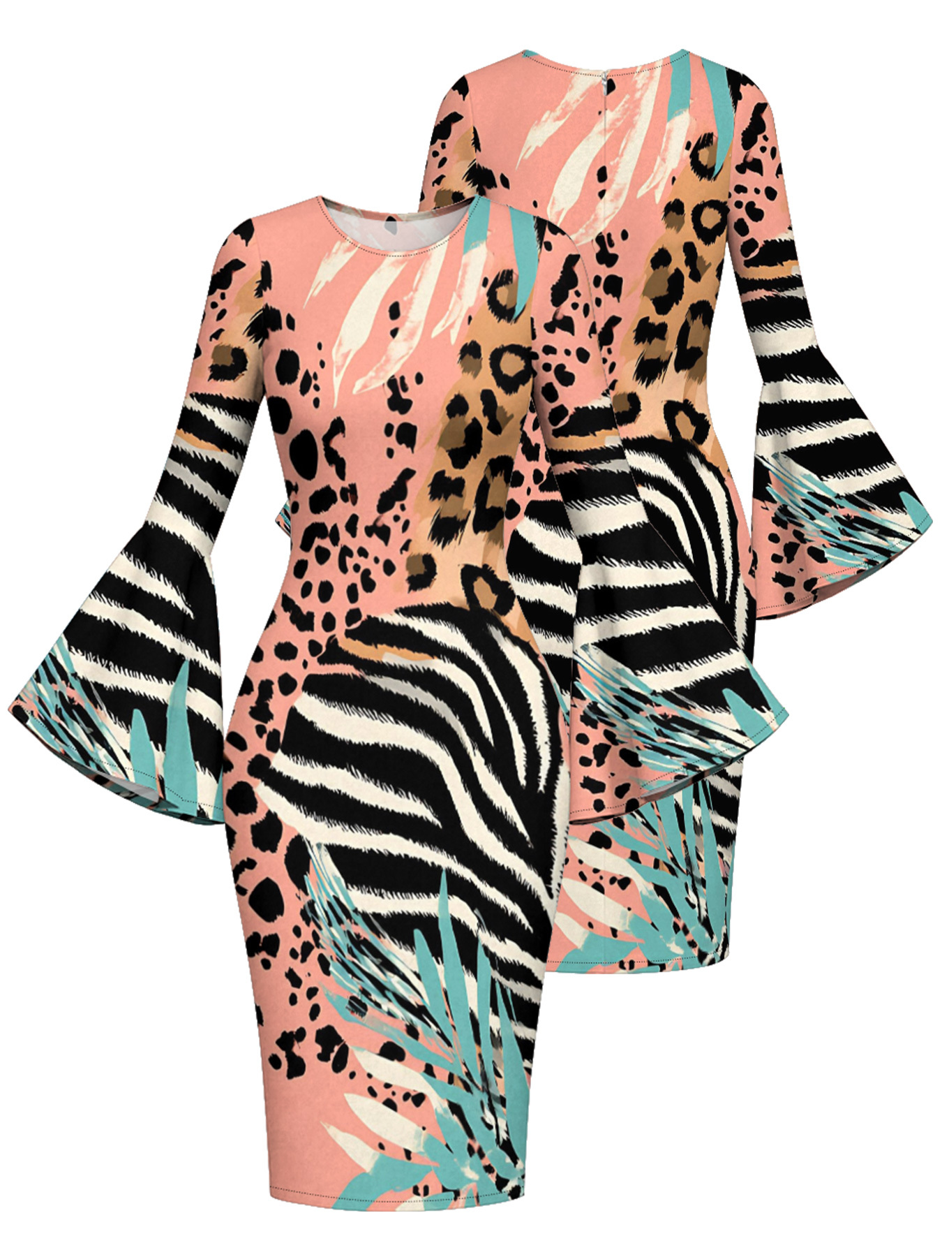 Pink & Teal Tropical Animal Flare Sleeve Bodycon Midi Dress ACE9342