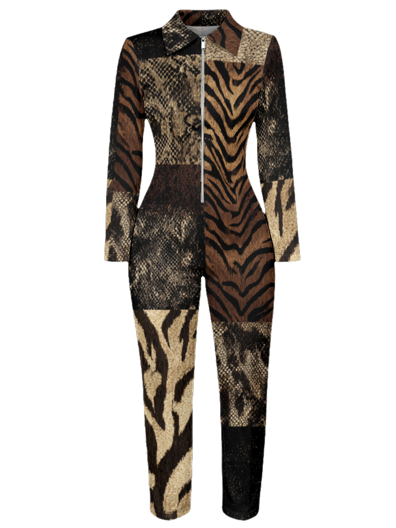 Tiger Snake Print Long Sleeve Zip-Up Jumpsuit