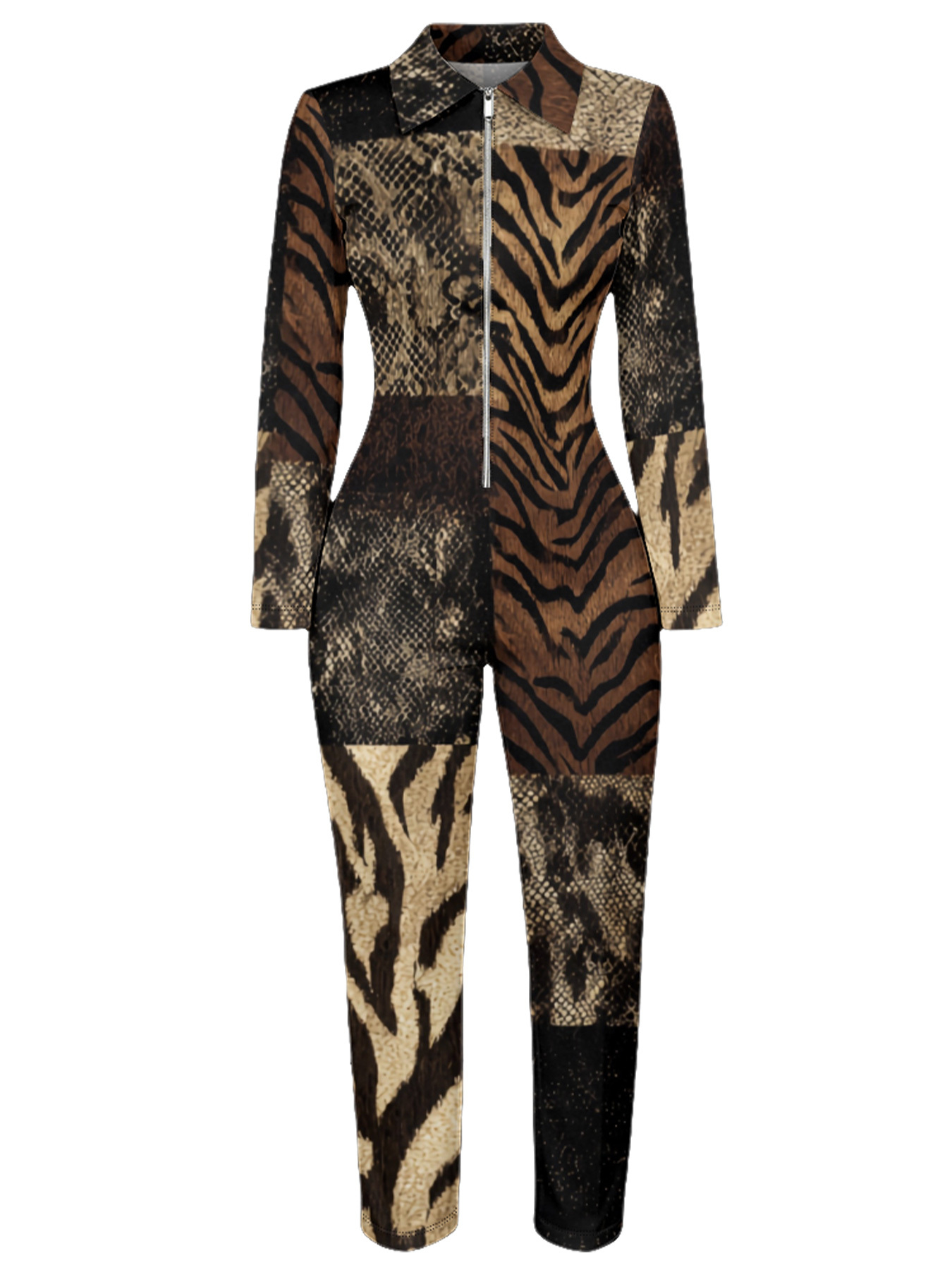 Tiger Snake Print Long Sleeve Zip-Up Jumpsuit