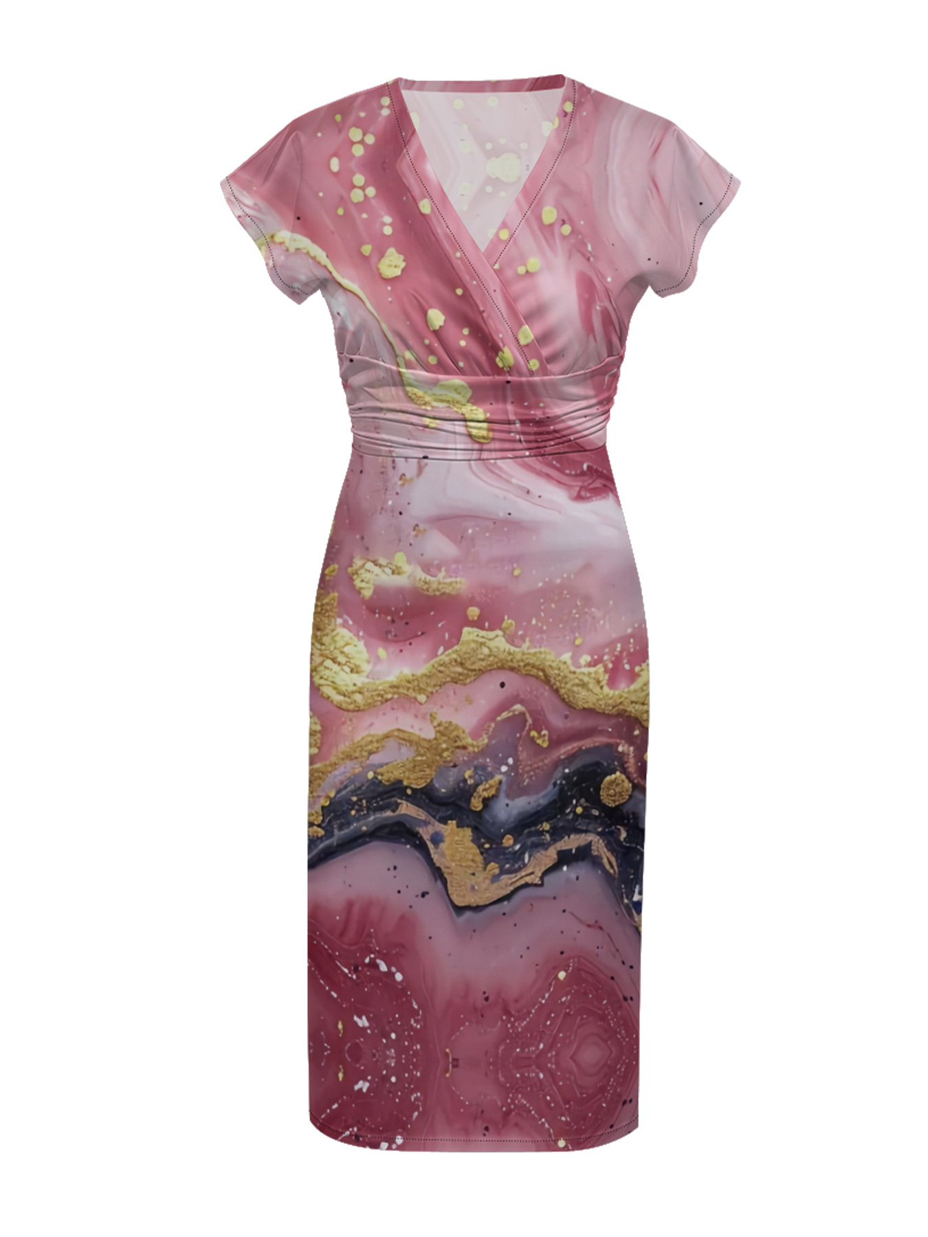 Pink & Gold Marble Cap Sleeve V-Neck Midi Dress