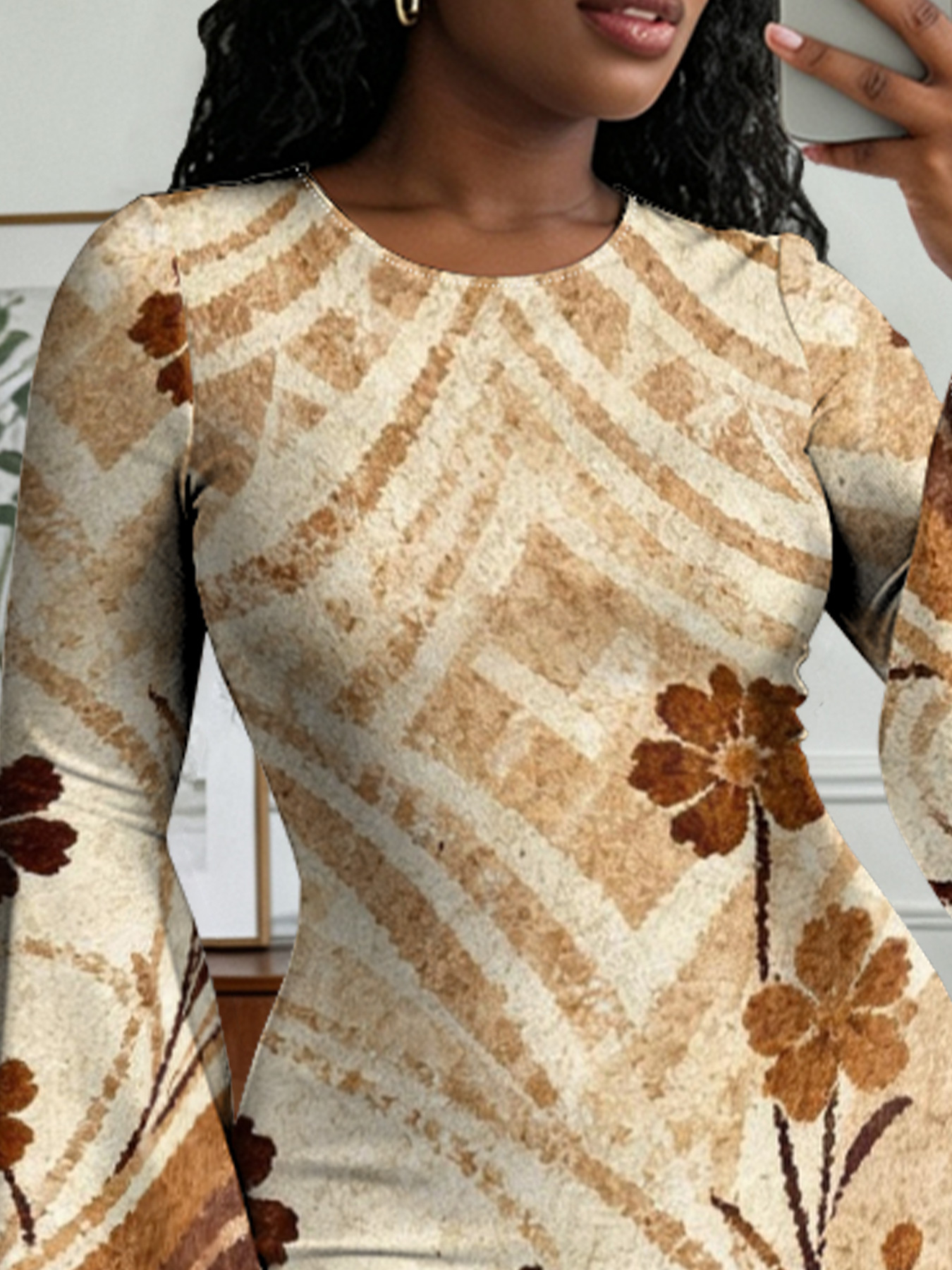 Beige Chevron Floral Flare Sleeve Bodycon Midi Dress ZYW731