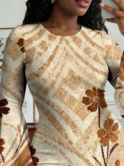 Beige Chevron Floral Flare Sleeve Bodycon Midi Dress ZYW731