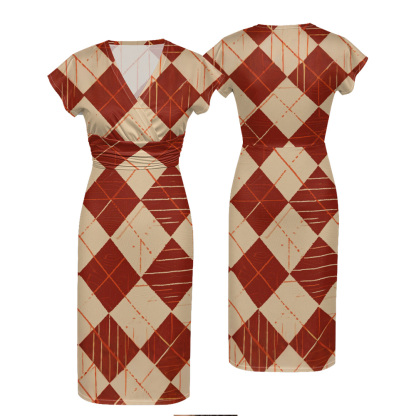 Rust & Beige Argyle Cap Sleeve V-Neck Midi Dress XWU825