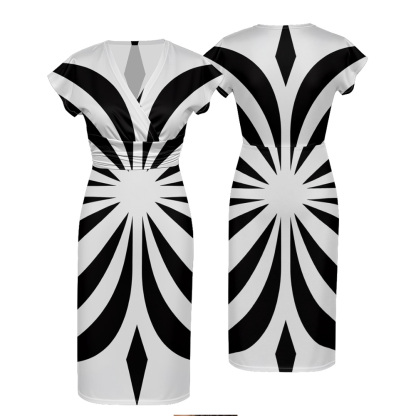 Black White Radial Cap Sleeve V-Neck Midi Dress BDG852