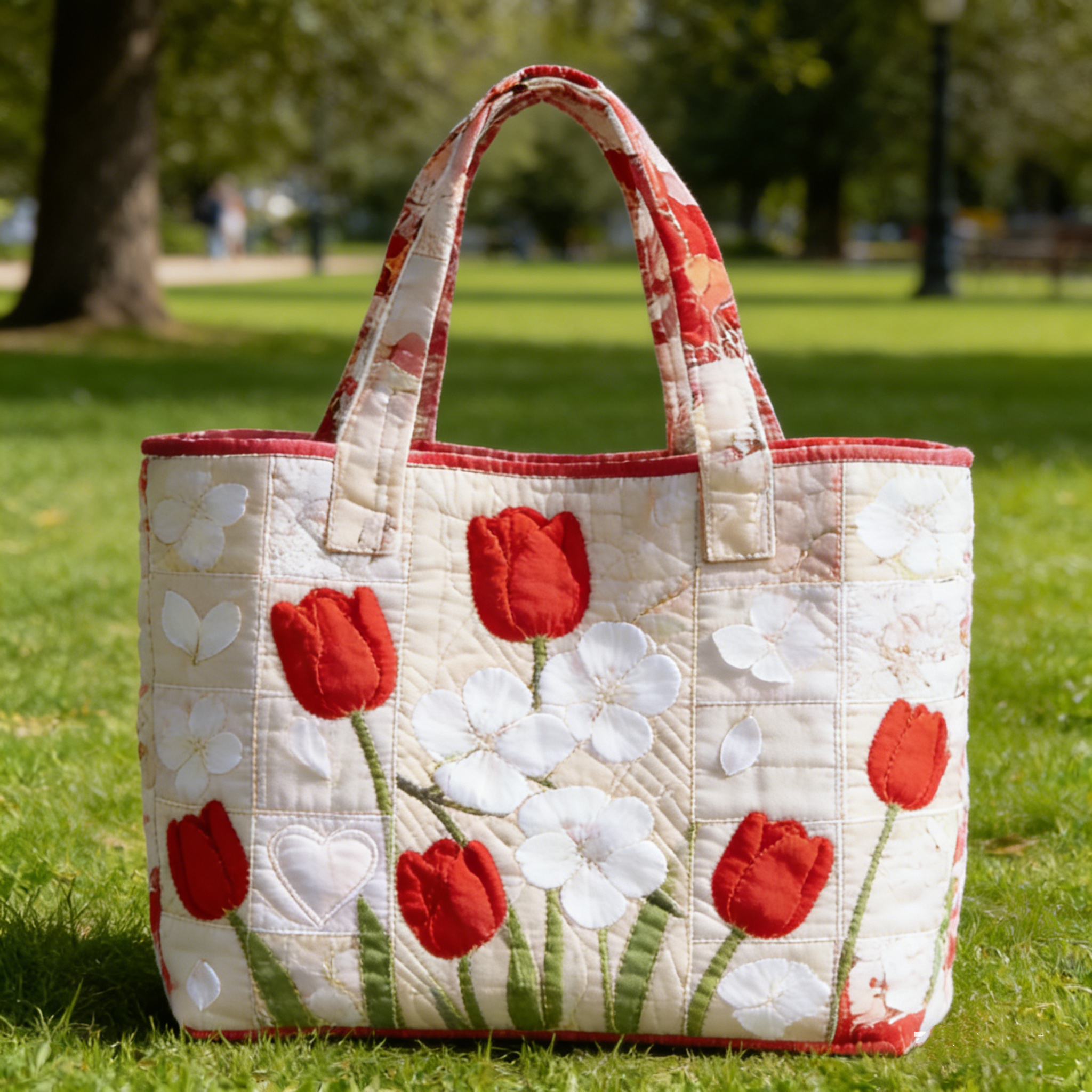 Red Tulip & Heart Quilted Tote Bag lxnh8470