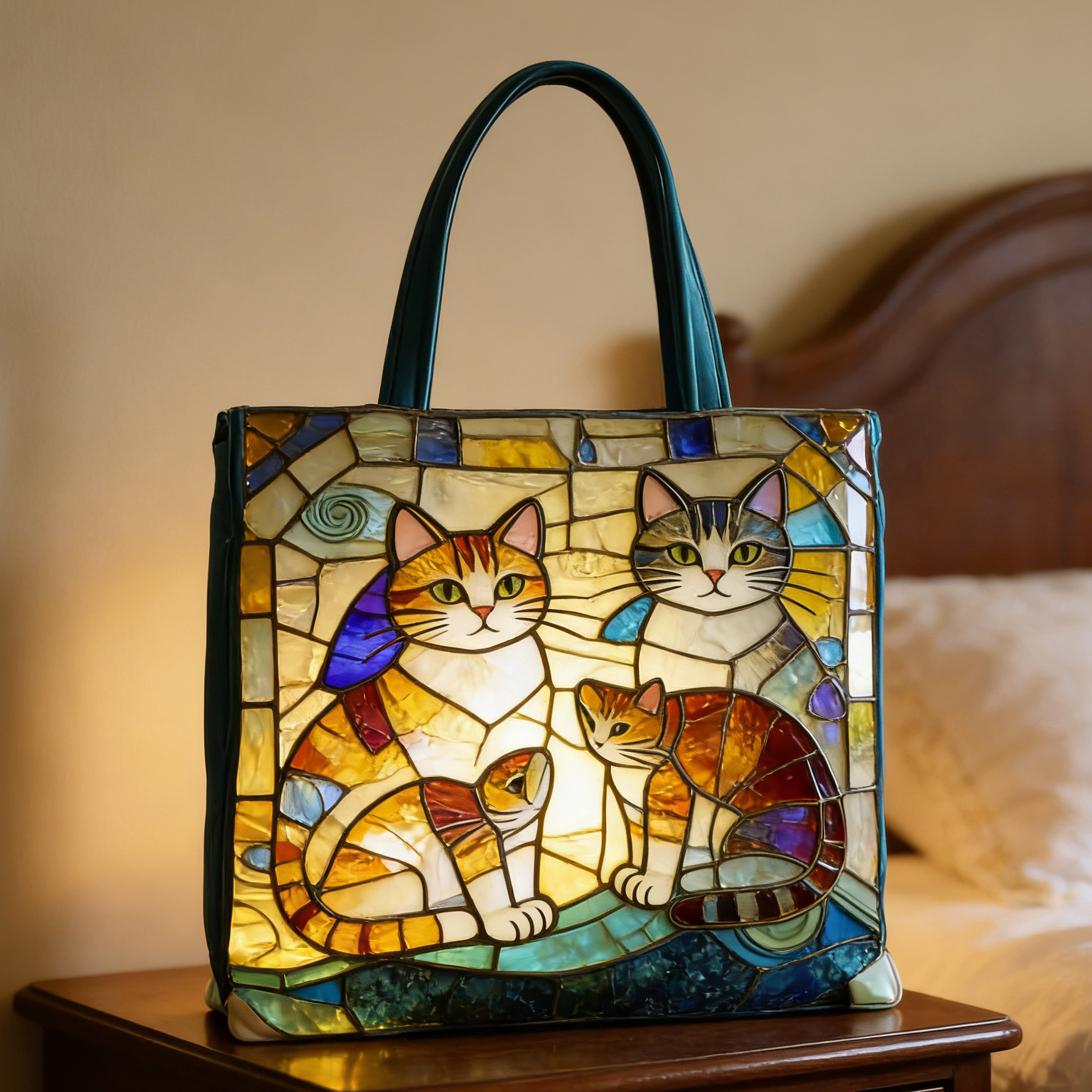 Glass Cat Family Quilted Tote Bag EK69235