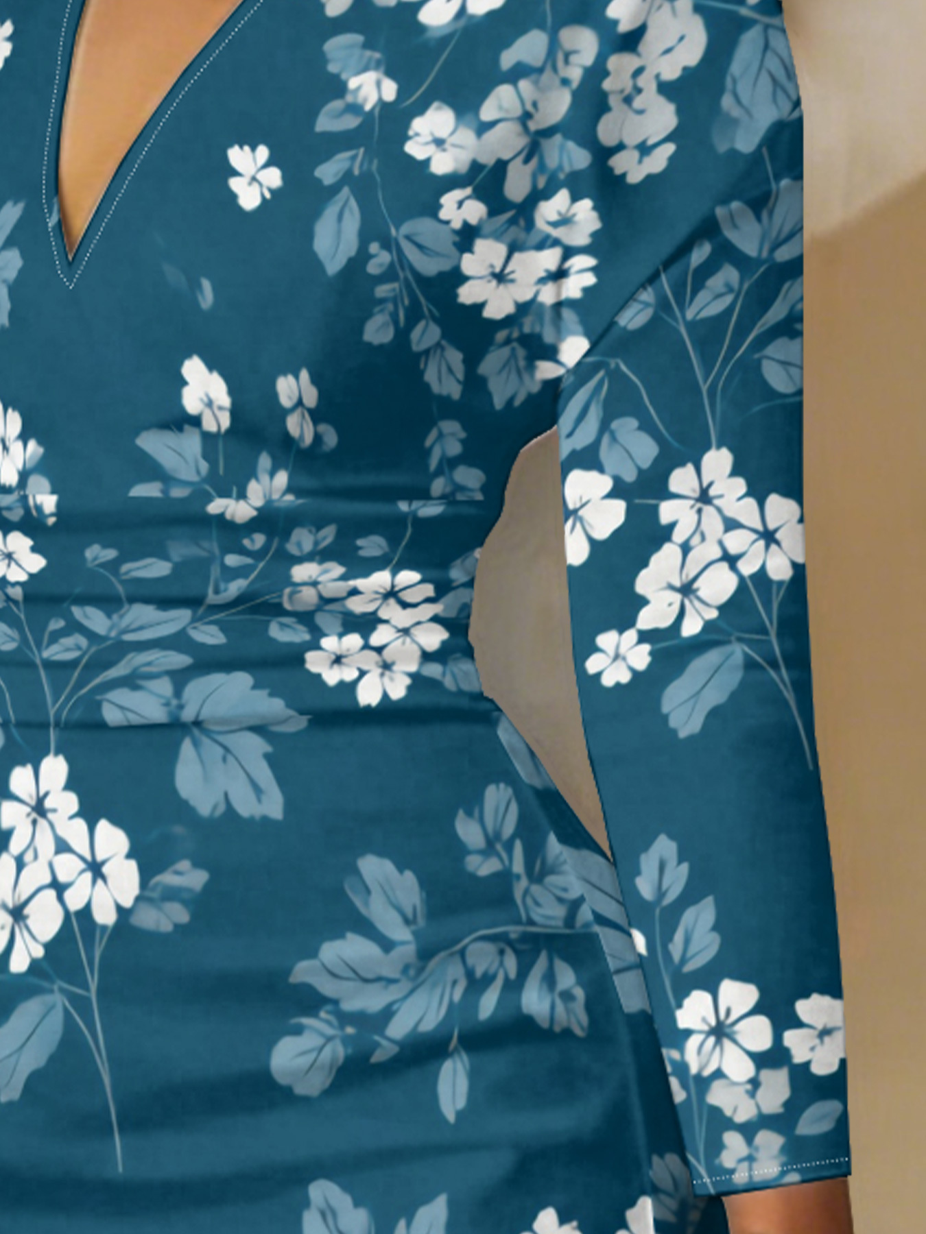 Teal & White Floral V-Neck Bodycon Midi Dress UMG2753