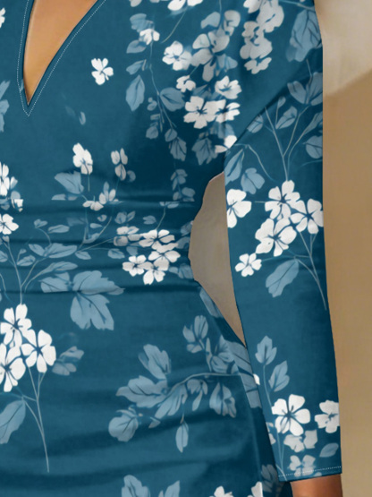Teal & White Floral V-Neck Bodycon Midi Dress UMG2753