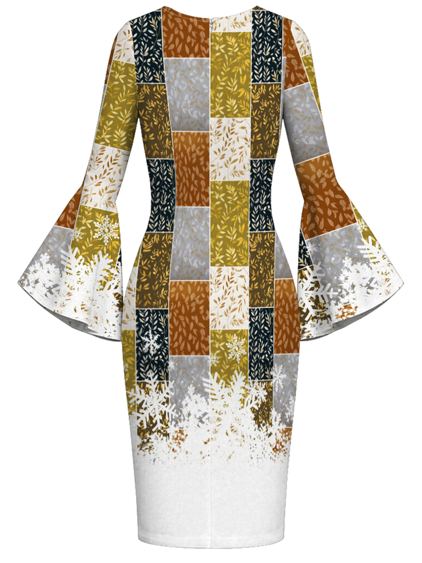 Autumn Patchwork Snowflake Flare Sleeve Bodycon Midi Dress
