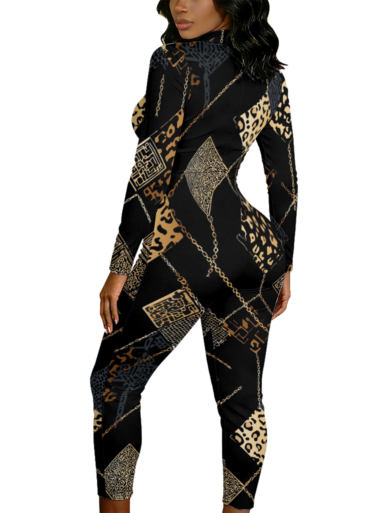 Black Leopard & Gold Chain Long Sleeve Zip-Up Jumpsuit LKJ014