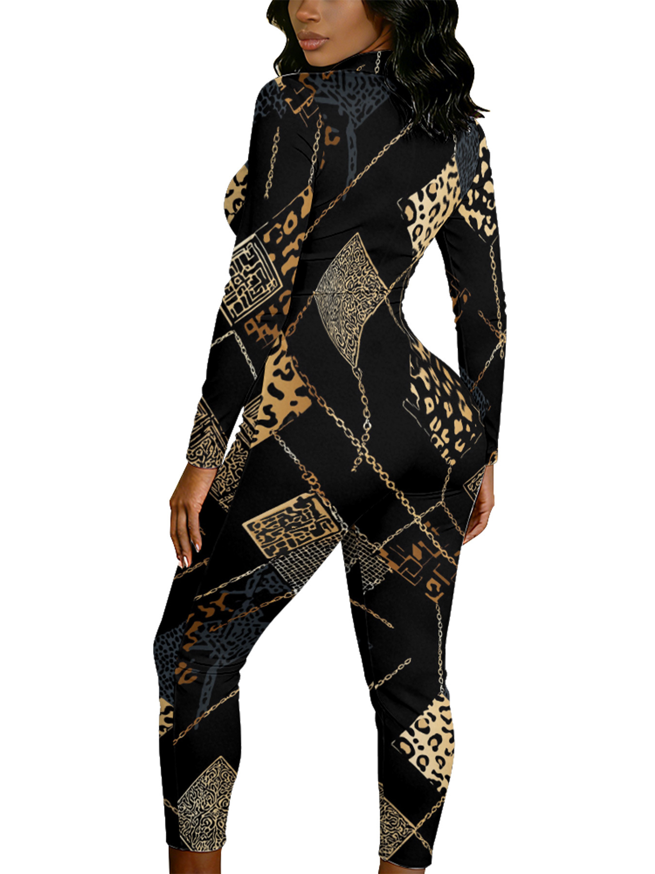 Black Leopard & Gold Chain Long Sleeve Zip-Up Jumpsuit LKJ014