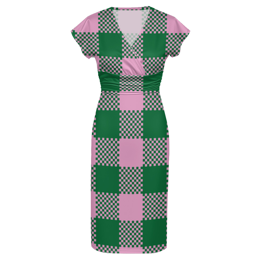 Pink Green Checkerboard Cap Sleeve V-Neck Midi Dress BCF963