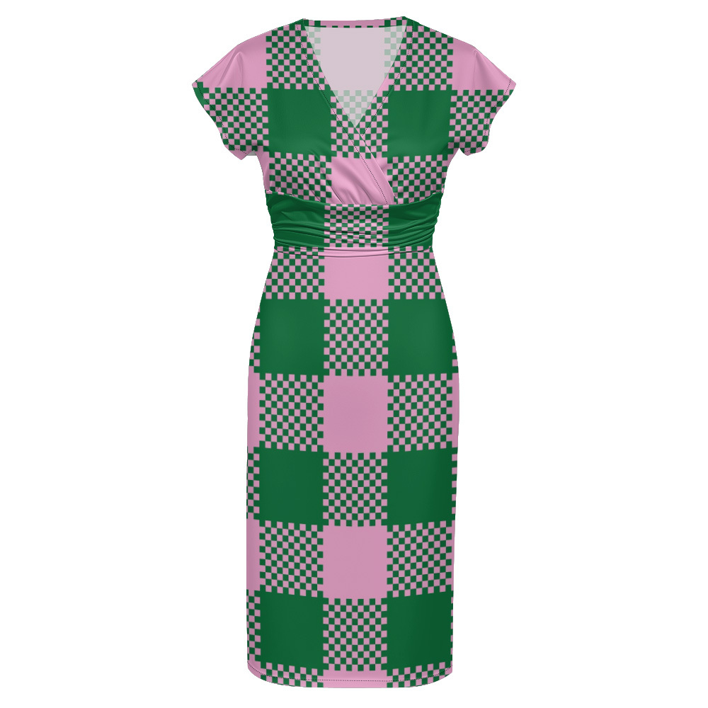 Pink Green Checkerboard Cap Sleeve V-Neck Midi Dress BCF963
