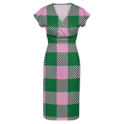 Pink Green Checkerboard Cap Sleeve V-Neck Midi Dress BCF963