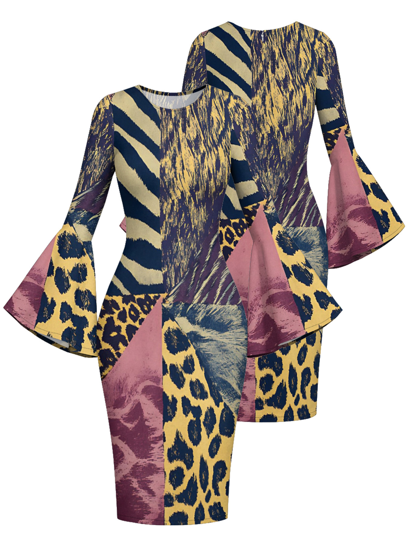 Mixed Animal Flare Sleeve Bodycon Midi Dress EFG4786