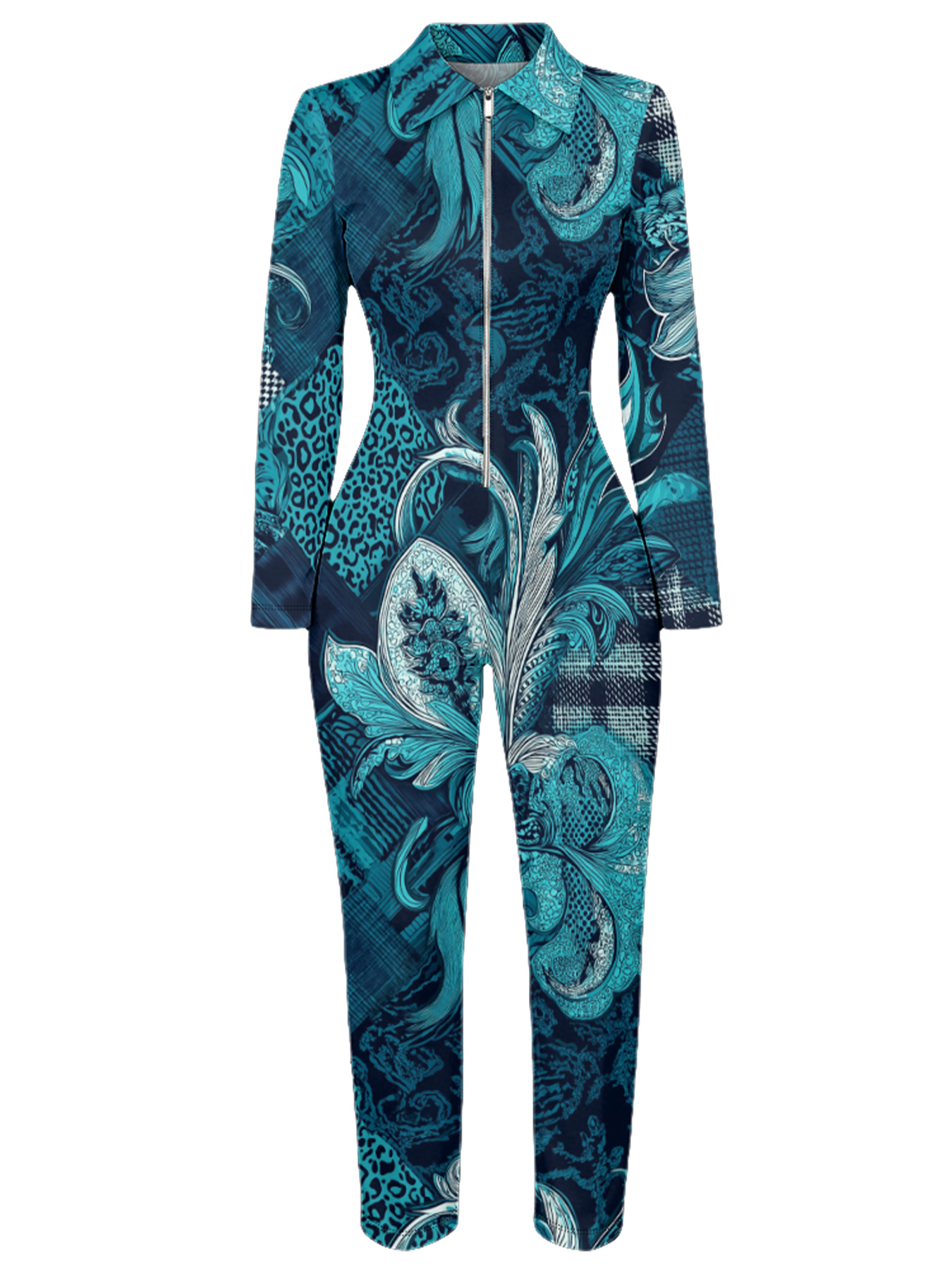 Teal Leopard & Art Nouveau Wave Long Sleeve Zip-Up Jumpsuit 