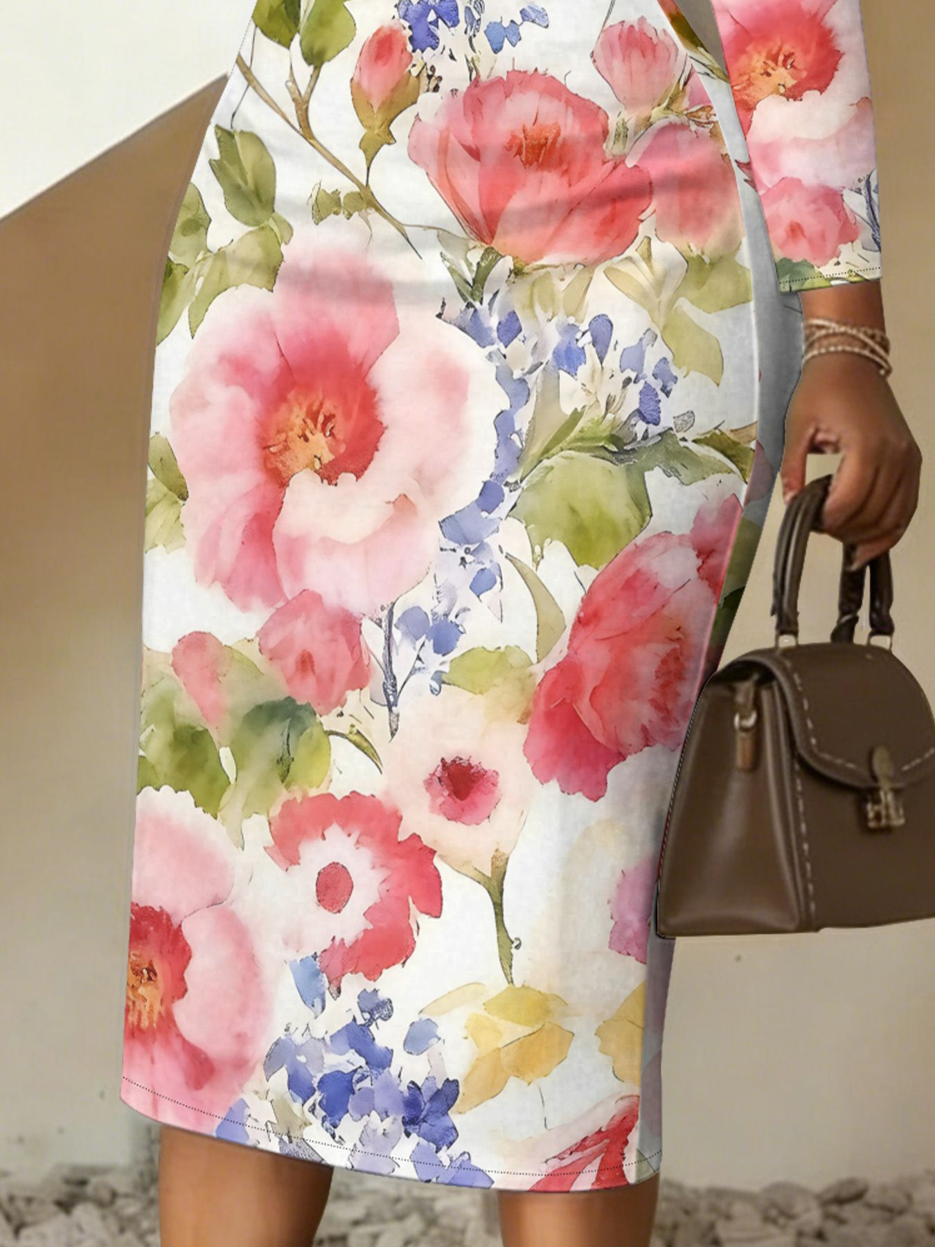 Watercolor Floral V-Neck Bodycon Midi Dress