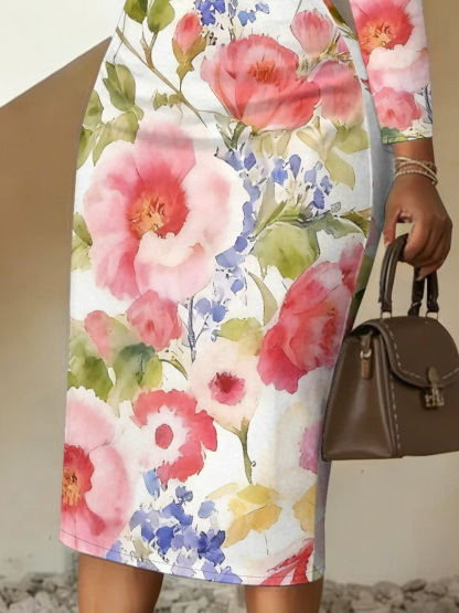 Watercolor Floral V-Neck Bodycon Midi Dress