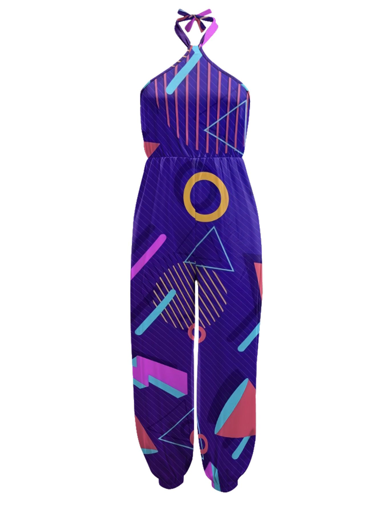 Purple Geometric Sleeveless Halter Jumpsuit