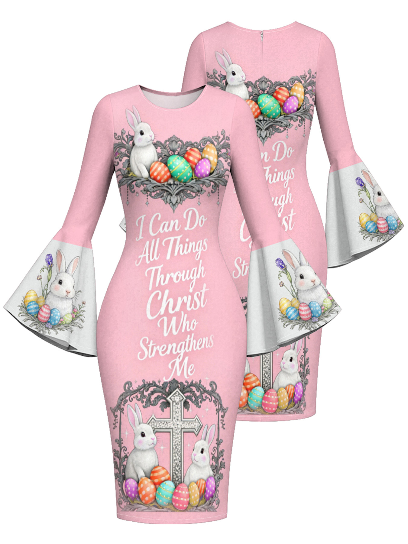 Blush Pink Easter Bunny Cross Easter Flare Sleeve Bodycon Midi Dress