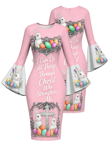Blush Pink Easter Bunny Cross Easter Flare Sleeve Bodycon Midi Dress