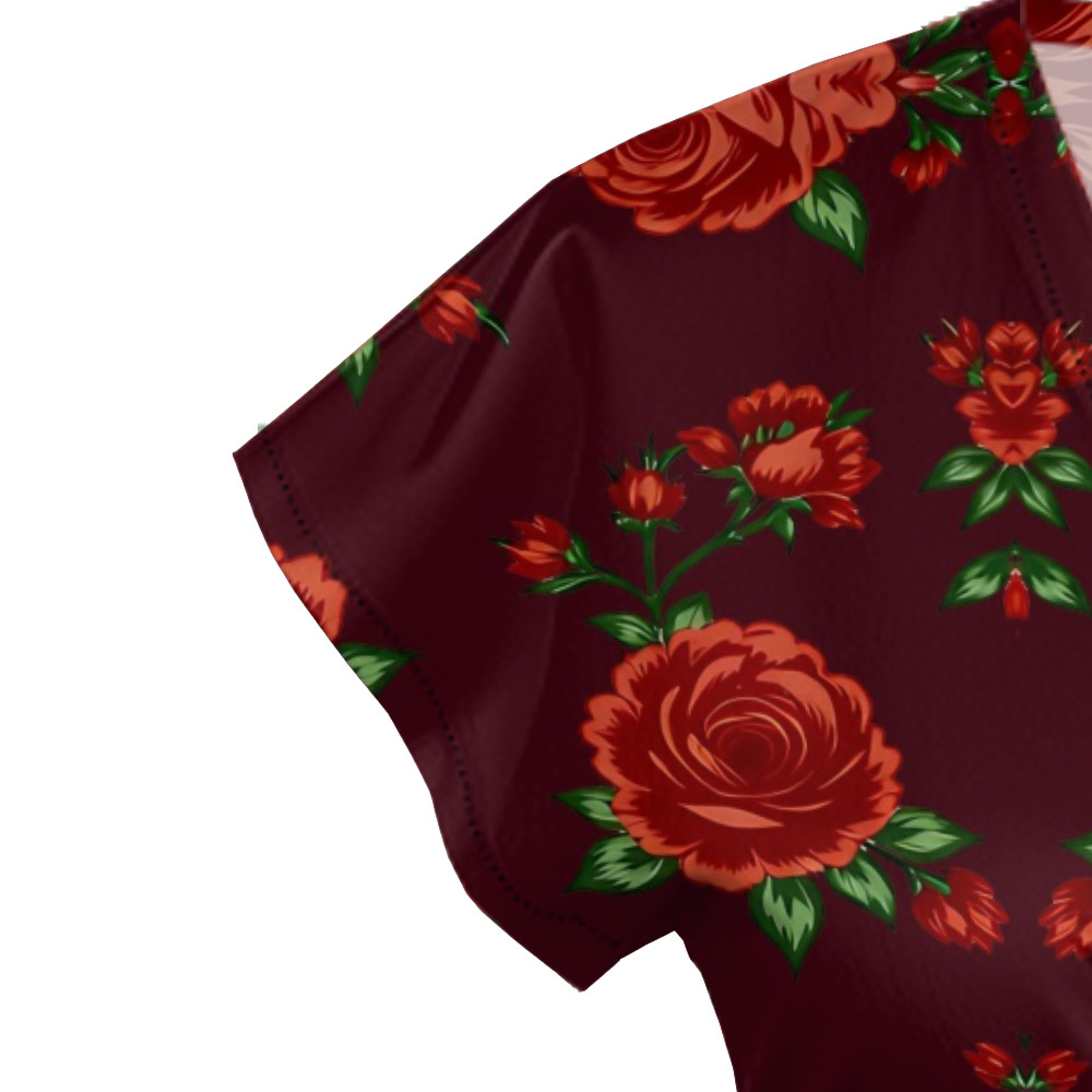 Burgundy Red Rose Cap Sleeve V-Neck Midi Dress AFH531