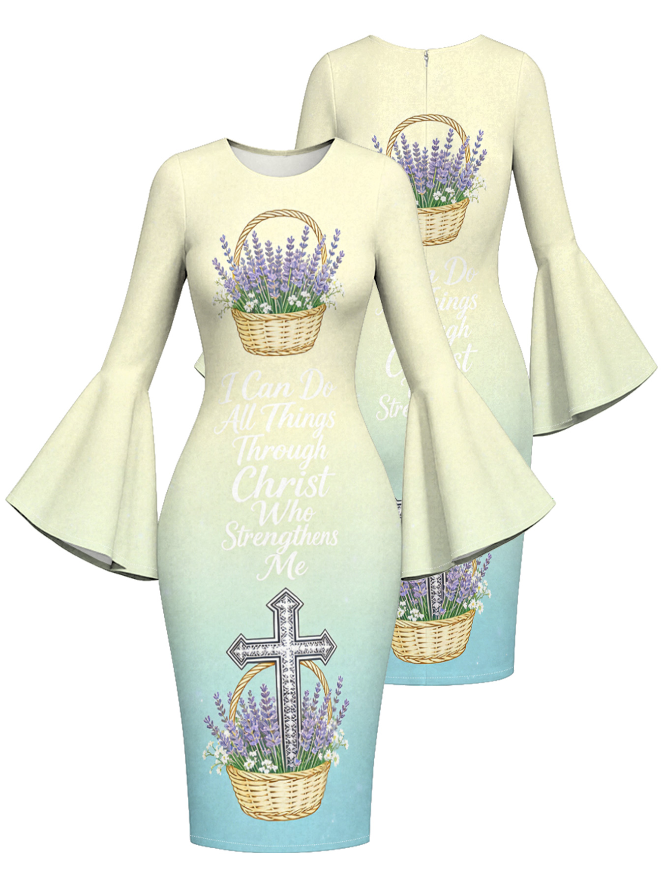 Mint Ombre Lavender Cross Easter Flare Sleeve Bodycon Midi Dress