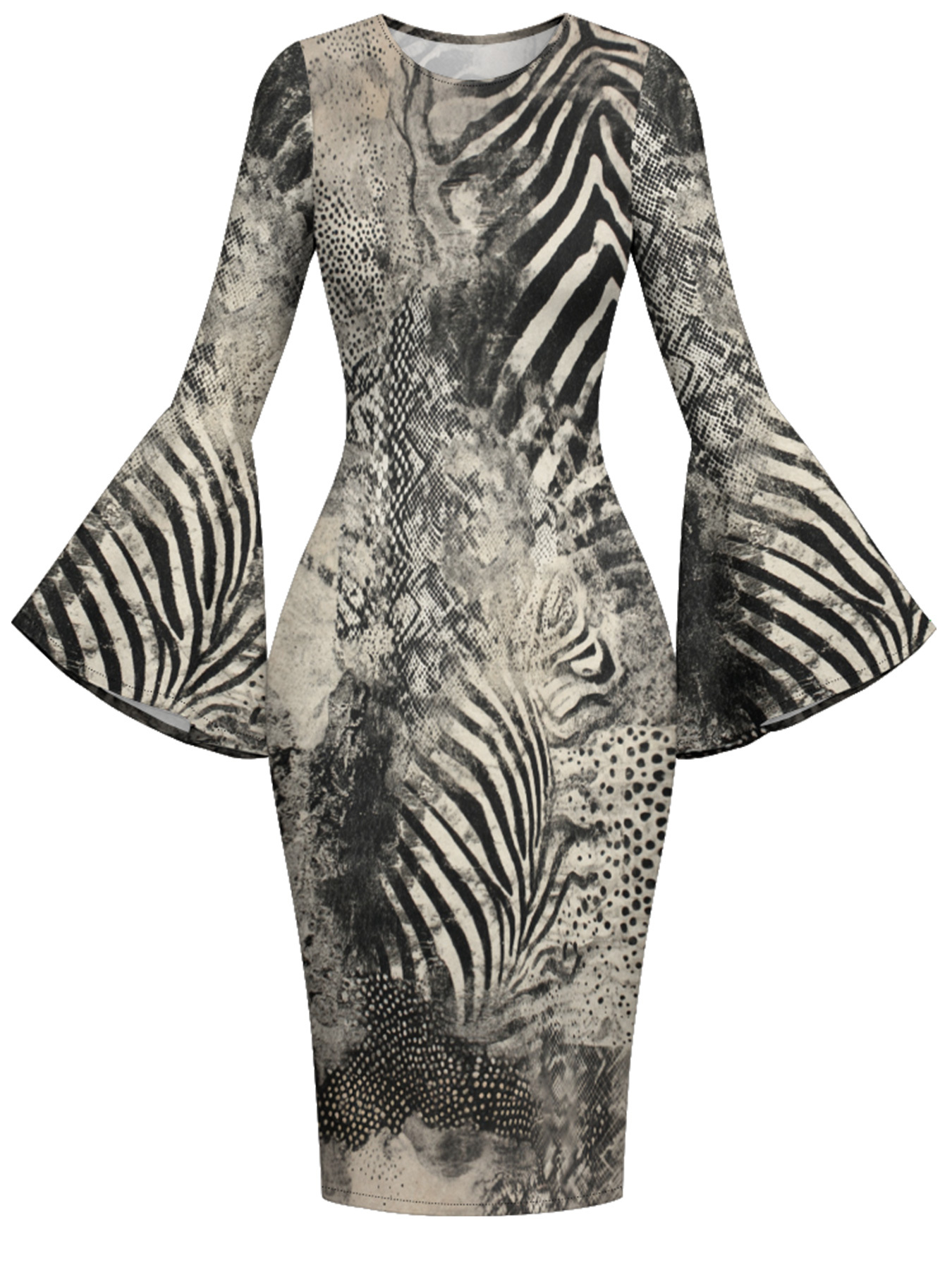 Black & White Animal Flare Sleeve Bodycon Midi Dress EFG1493