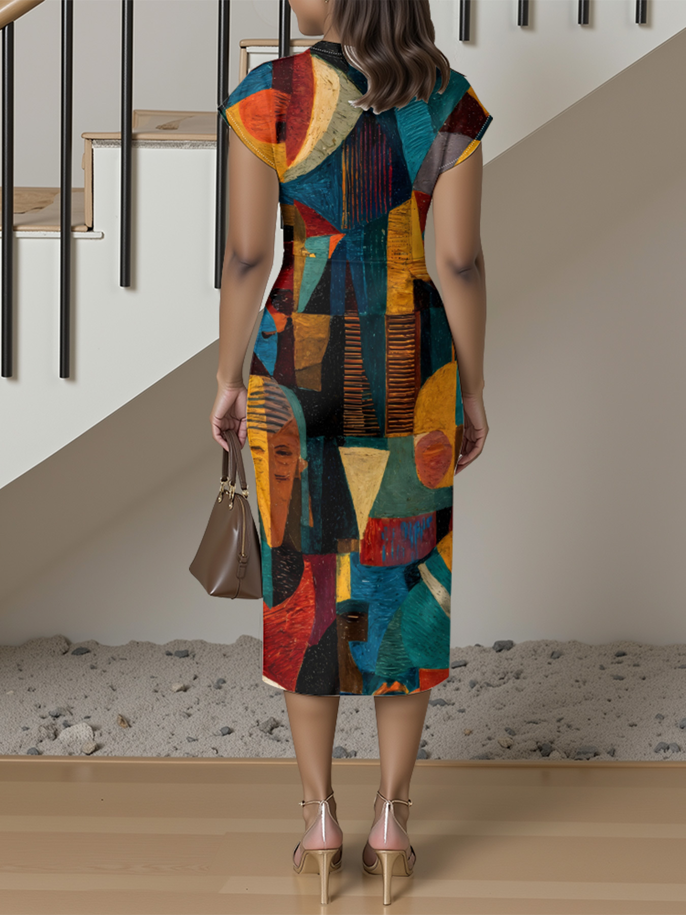 Cubist Print Cap Sleeve V-Neck Midi Dress