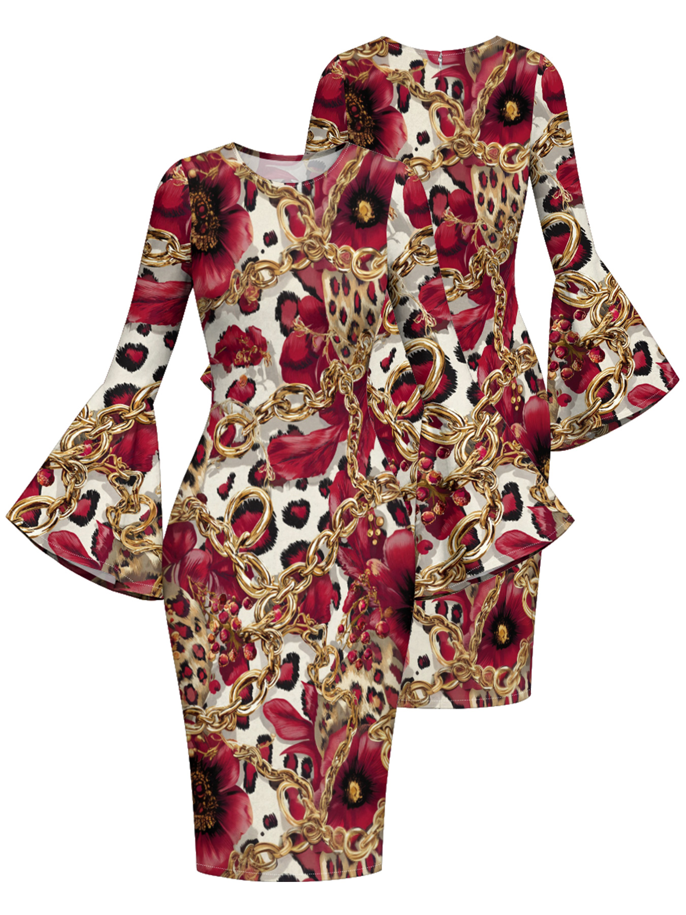 Red & Gold Animal Patchwork Flare Sleeve Bodycon Midi Dress JKL3675