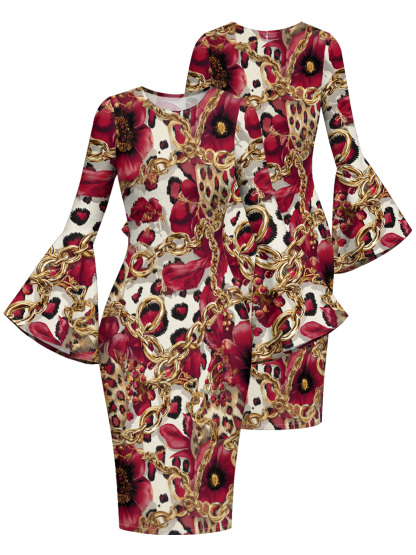 Red & Gold Animal Patchwork Flare Sleeve Bodycon Midi Dress JKL3675
