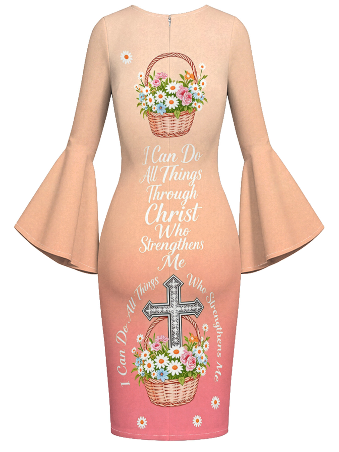 Peach-Pink Floral Basket Cross Easter Flare Sleeve Bodycon Midi Dress