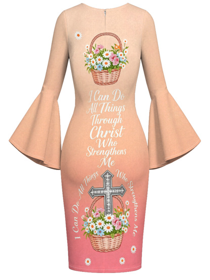 Peach-Pink Floral Basket Cross Easter Flare Sleeve Bodycon Midi Dress
