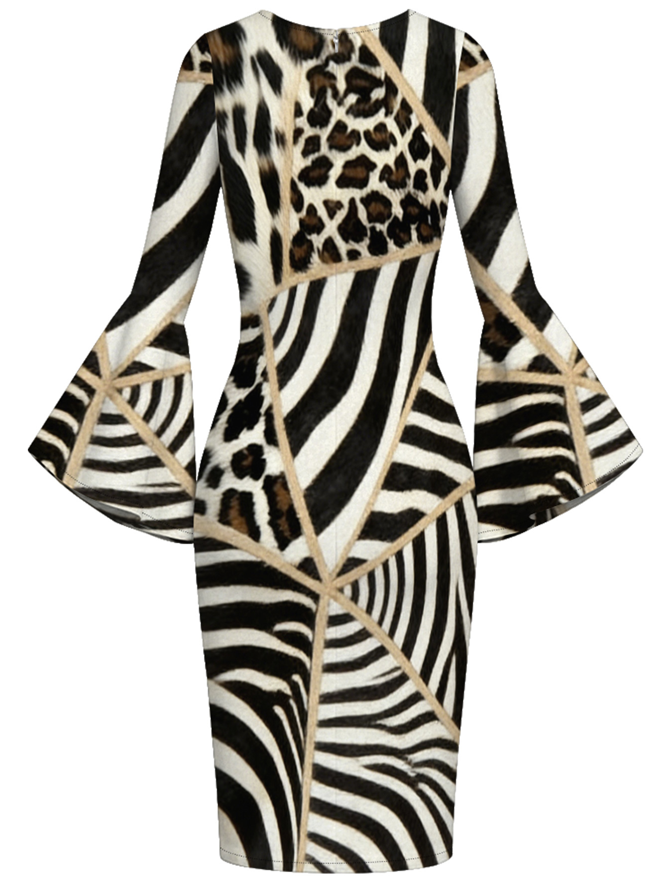 Zebra & Leopard Patchwork Flare Sleeve Bodycon Midi Dress