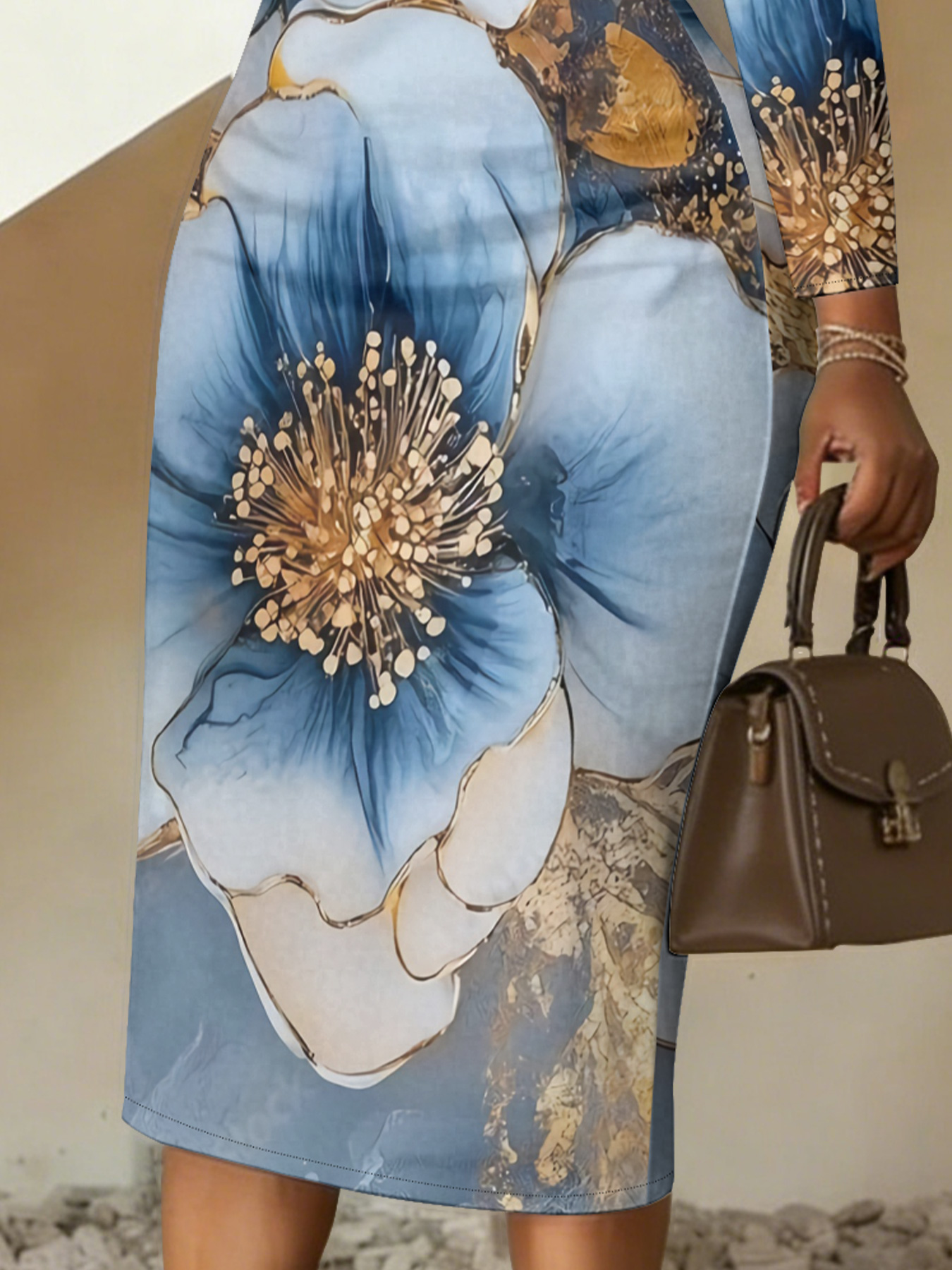 Blue Gold Floral V-Neck Bodycon Midi Dress ABG874