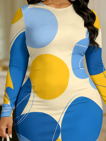 Blue & Yellow Abstract Floral Round Sleeve Neck Long Bodycon Dress