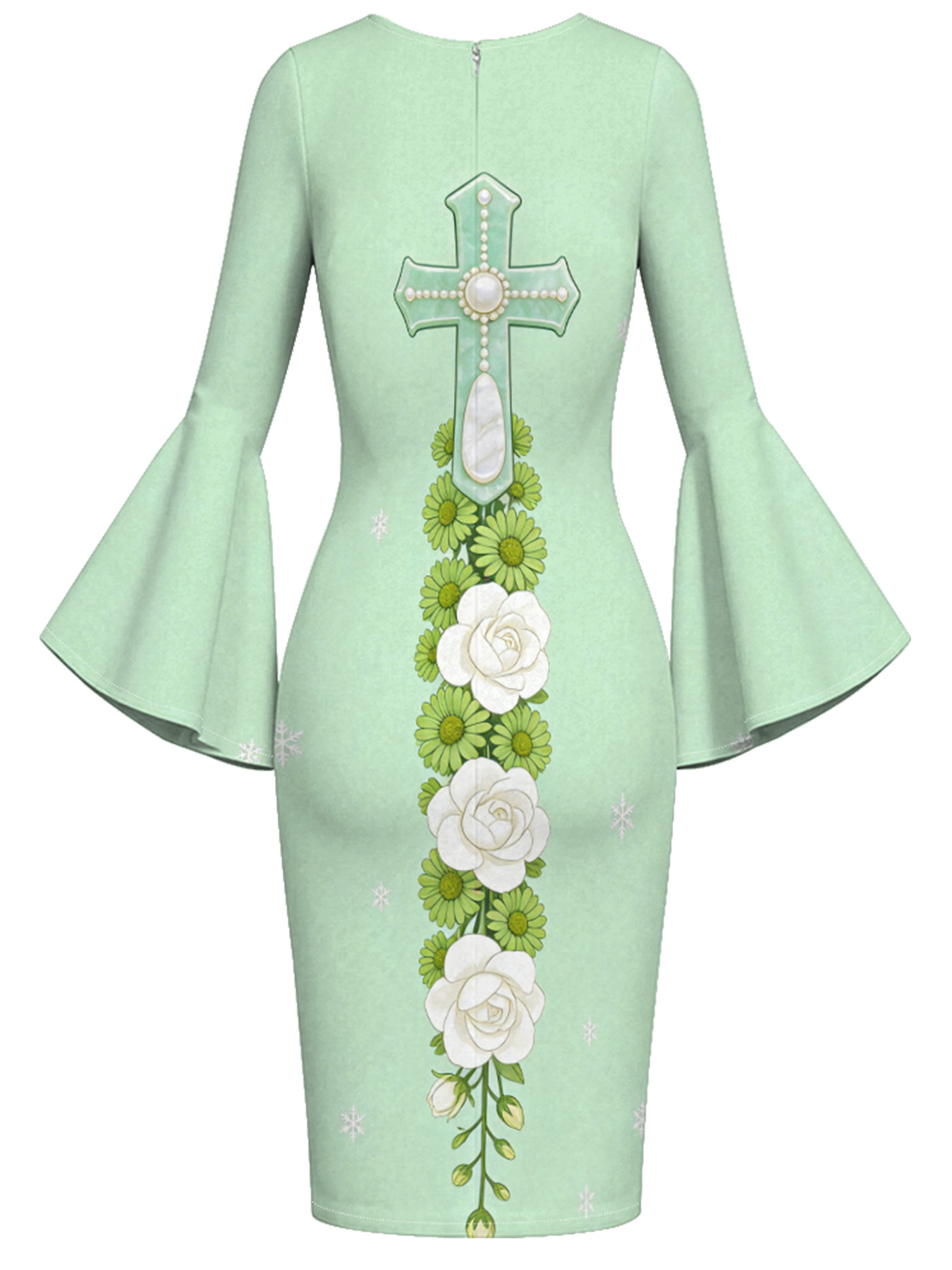 Mint Green Pearl Cross Easter Flare Sleeve Bodycon Midi Dress