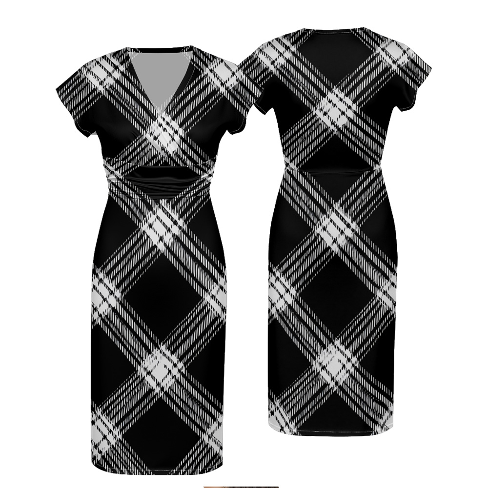Black & White Plaid Cap Sleeve V-Neck Midi Dress ZXV927
