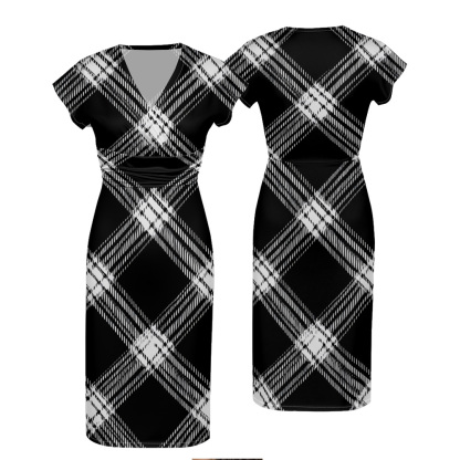 Black & White Plaid Cap Sleeve V-Neck Midi Dress ZXV927