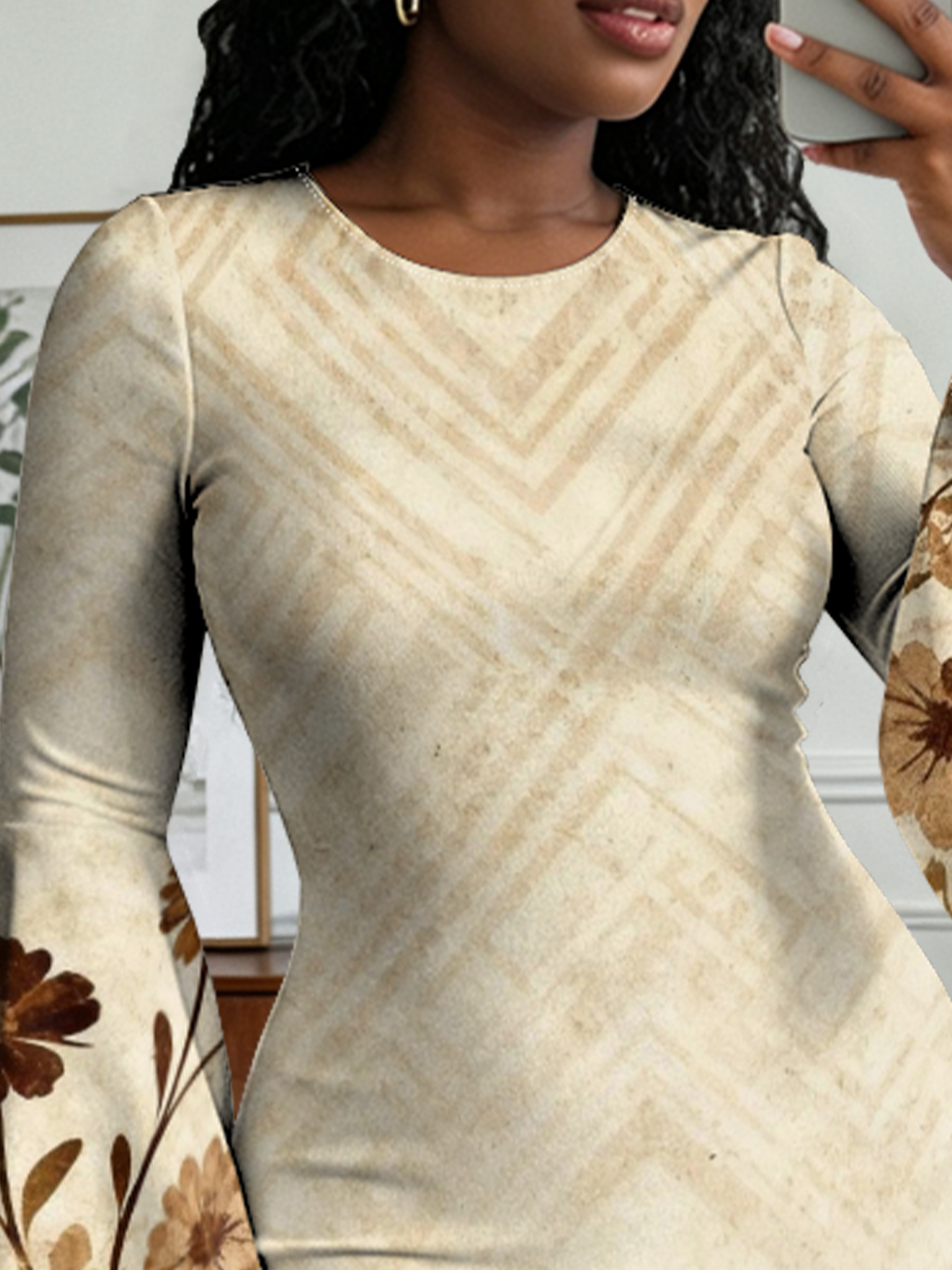 Beige Chevron Floral Flare Sleeve Bodycon Midi Dress FED951