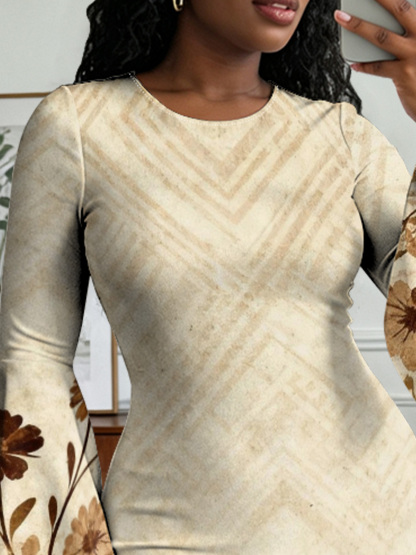 Beige Chevron Floral Flare Sleeve Bodycon Midi Dress FED951