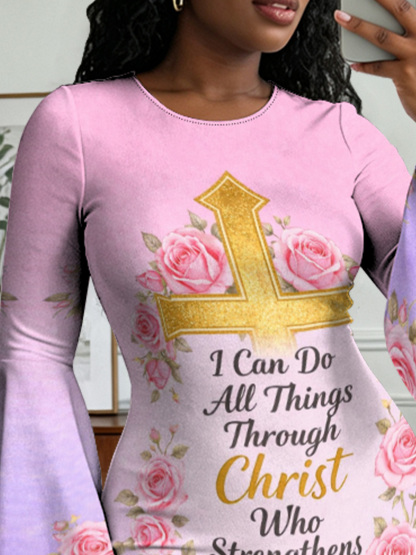 Pink Rose Gold Cross Christian Flare Sleeve Bodycon Midi Dress