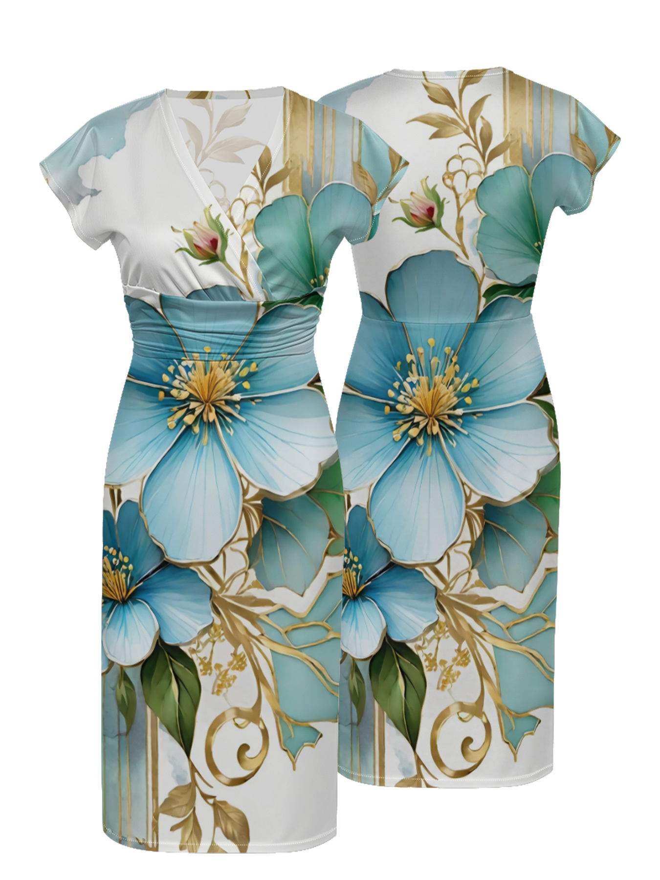 Teal Floral Gold Foil Cap Sleeve V-Neck Midi Dress