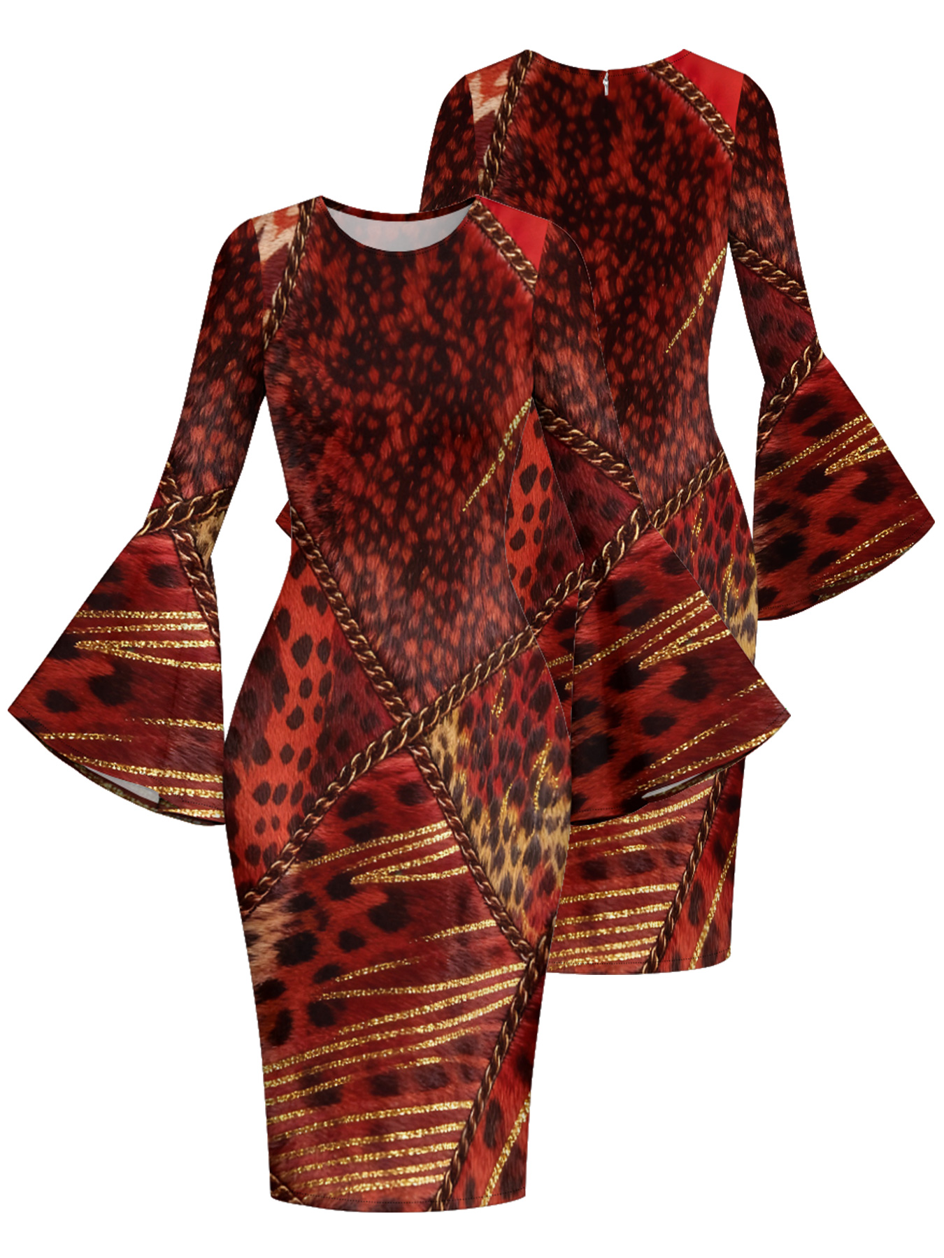 Red Leopard Print Gold Chain Flare Sleeve Bodycon Midi Dress CDF7382