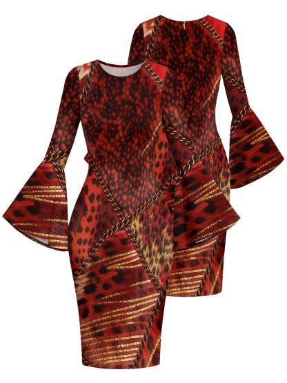 Red Leopard Print Gold Chain Flare Sleeve Bodycon Midi Dress CDF7382
