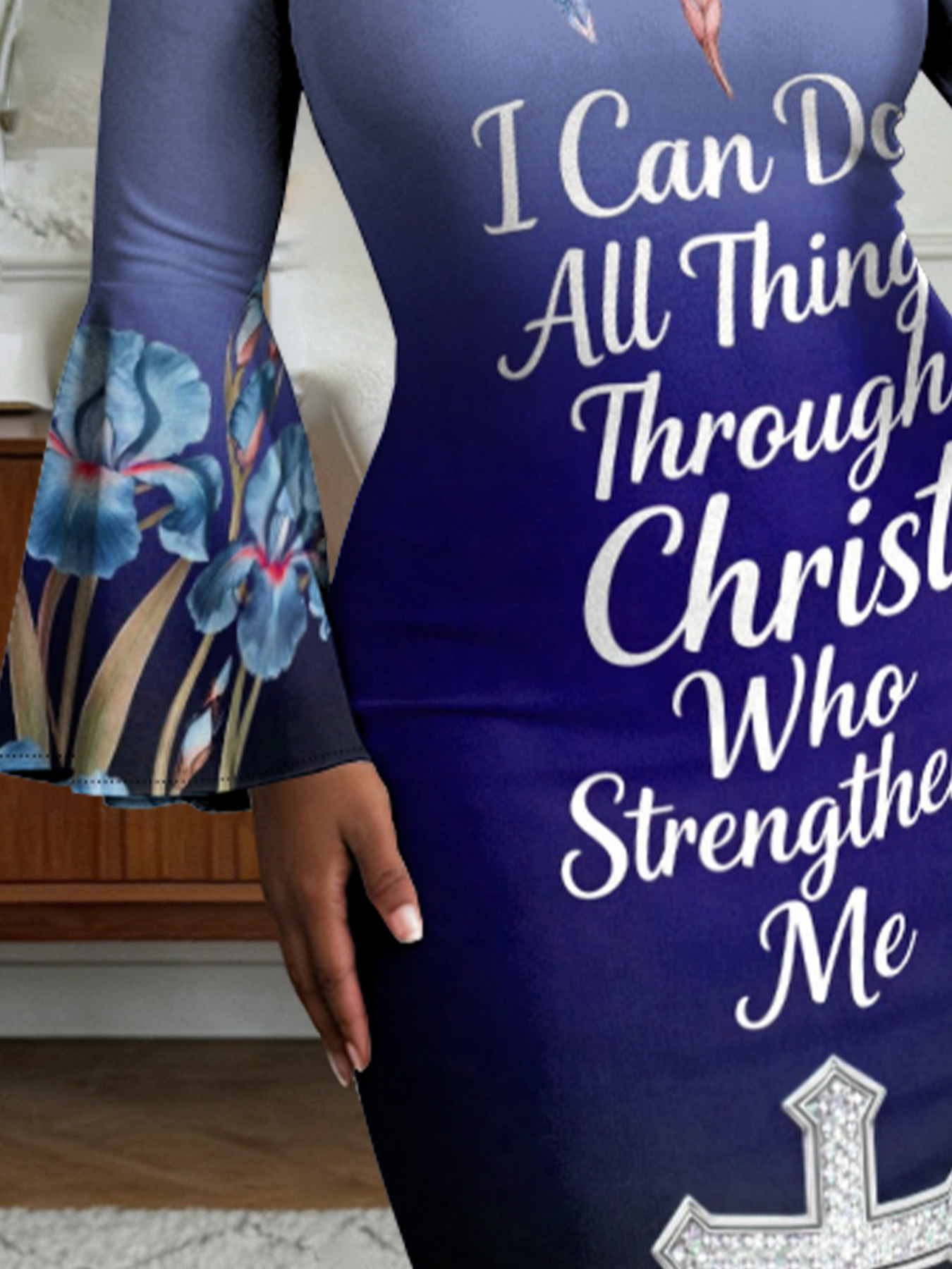 Blue Iris Christian Verse Flare Sleeve Bodycon Midi Dress