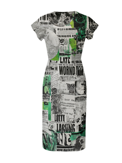 Green Newspaper Cap Sleeve V-Neck Midi Dress