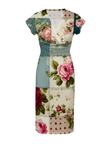 Vintage Teal & Pink Rose Patchwork Cap Sleeve V-Neck Midi Dress IUO0181