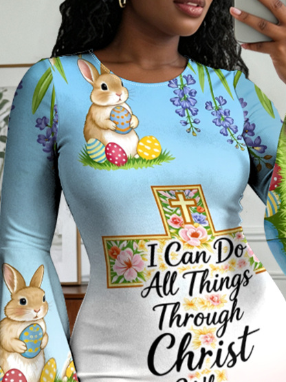 Pastel Easter Bunny Christian Cross Flare Sleeve Bodycon Midi Dress