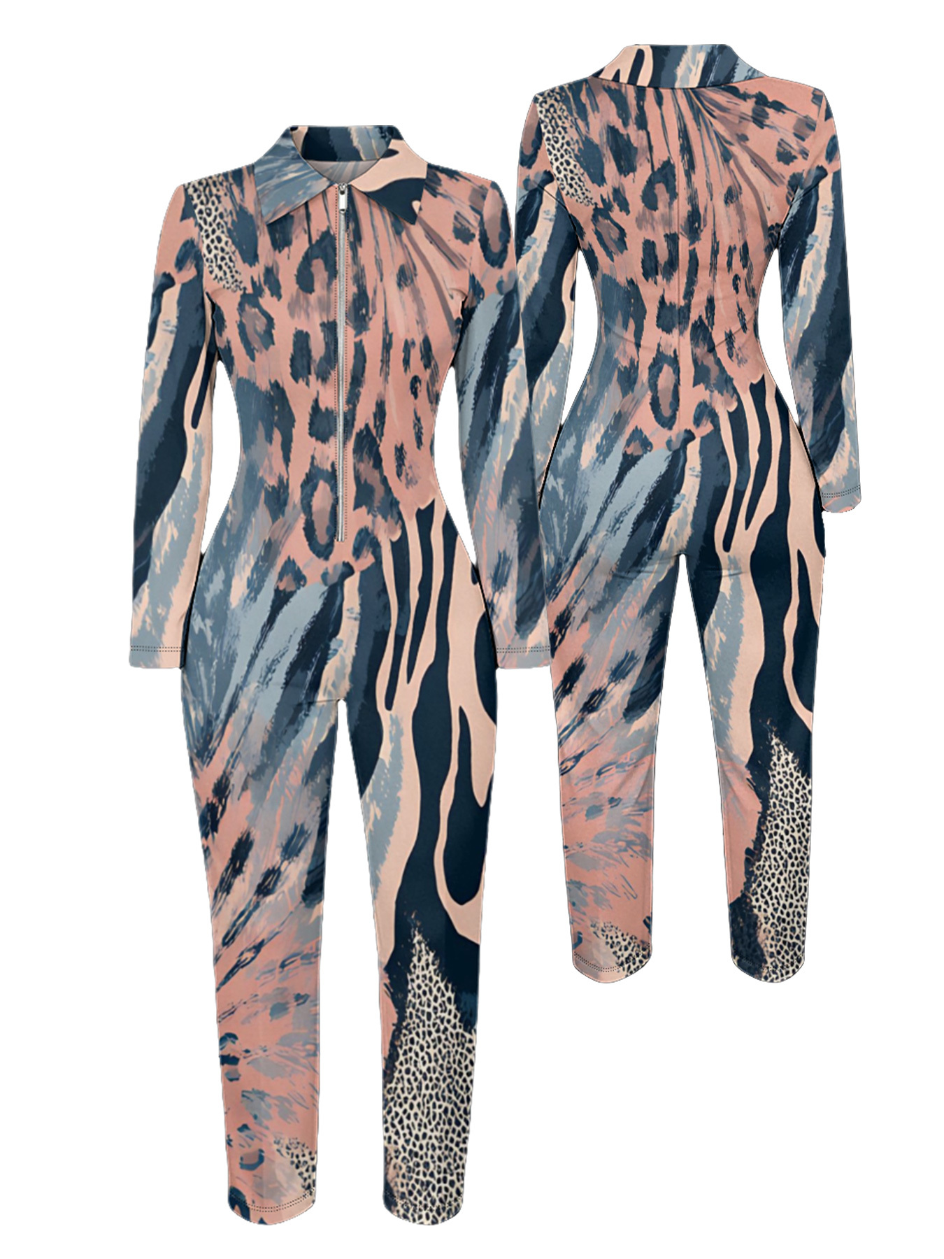 Exotic Abstract Animal Long Sleeve Zip-Up Jumpsuit 
